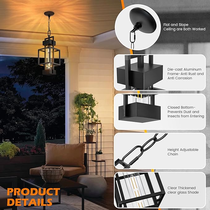 Hotsonic 15'' Outdoor Indoor Pendant Light Exterior Hanging Lantern, Modern Metal Outside Chandelier Light Fixture Black Ceiling Mount with Water Glass for Front Porch Entrance Foyer Entryway