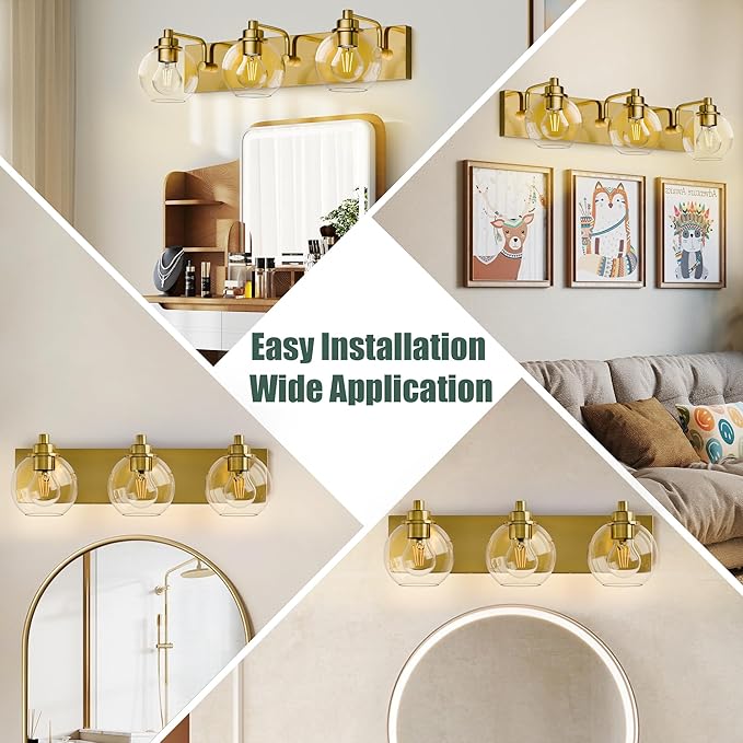 Espird 3 Light Bathroom Light Fixtures-Brushed Gold Bathroom Vanity Lights, Modern Vanity Lights 3-Light Bathroom Lighting Fixtures Over Mirror with Clear Glass Globe Shade