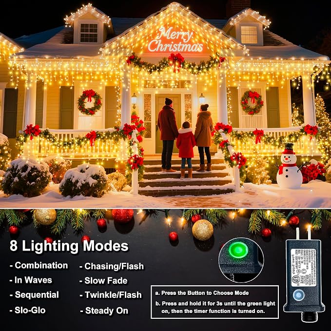 Icicle Lights for Outside - 16.5FT 200 LED Icicle Christmas Lights Outdoor with 8 Modes Waterproof, Plug in String Twinkle Light for Indoor House Room Yard Party Wedding Xmas Decorations, Warm White
