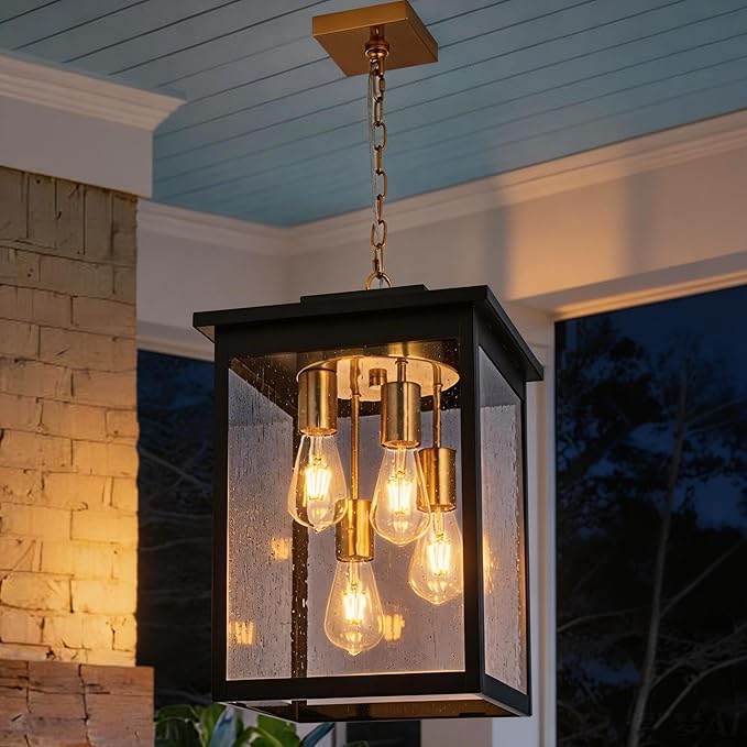 TODOLUZ 4-Lights Large Outdoor Pendant Light Fixture, Waterproof Porch Hanging Lighting with Adjustable Chain Seeded Glass Panel & E26 Bulb Base for Porch Patio Garden