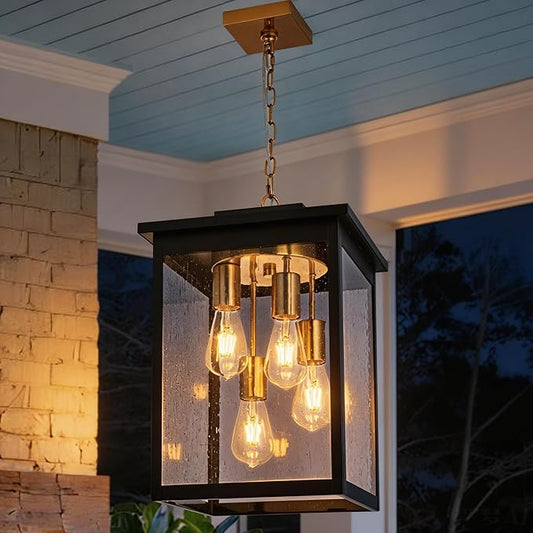 TODOLUZ 4-Lights Large Outdoor Pendant Light Fixture, Waterproof Porch Hanging Lighting with Adjustable Chain Seeded Glass Panel & E26 Bulb Base for Porch Patio Garden