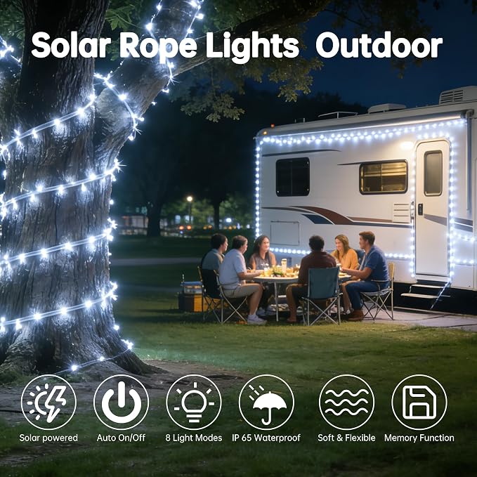 Solar Rope Lights for Outside, 2 Packs Total 132ft 400 LED Solar String Lights with 8 Modes, Waterproof Solar Outdoor Light for Patio Garden Party Tree Porch Pool Holiday Xmas Decor- White