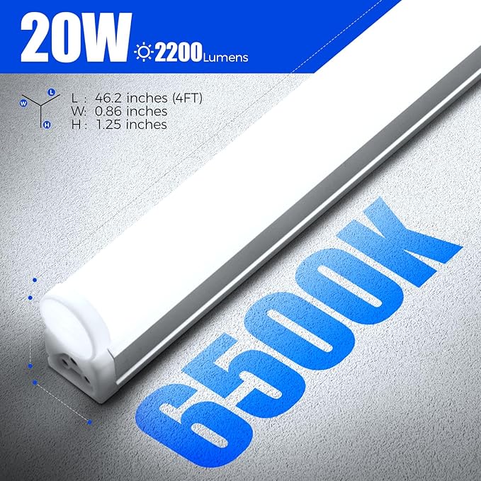 Barrina (Pack of 12 LED T5 Shop Light, 4FT, 2200lm, 6500K (Super Bright White), 20W, Utility Shop Lights, Ceiling and Under Cabinet Light, ETL Listed, Corded Electric with ON/Off Switch