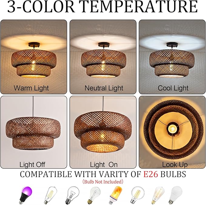 Bamboo Pendant Light,Dark Curry Boho Rattan Hanging Light,17.7" Hand Woven Wicker Chandelier for Kitchen Island for Kitchen Island Dining Bedroom Living Room Restaurants
