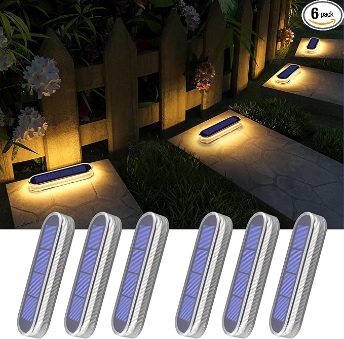 YiLaie Solar Step Lights for Outside Dock Deck Stair Stick on Lights Solar Powered Outdoor Waterproof RV Decor Strips Garden Front Porch Patio Auto ON/Off (Warm White 6 Pack)