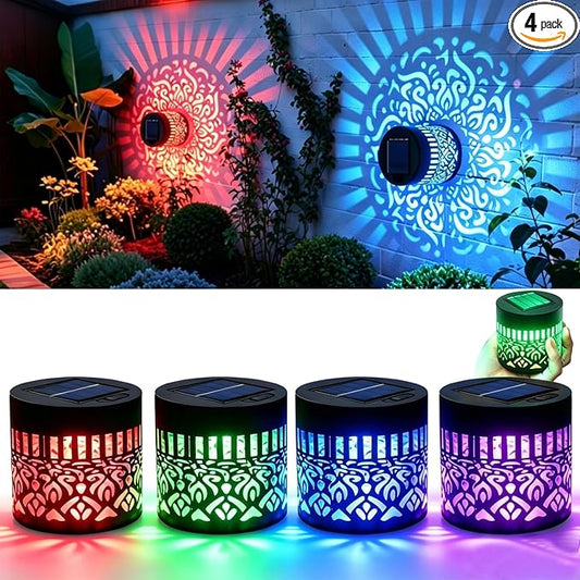 4 Pack Solar Fence Lights Mandala, Seven-Color Changing Solar Wall Mandala Lights Outdoor, Waterproof Metal Deck Step Lights for Garden Patio Post Backyard Yard Table