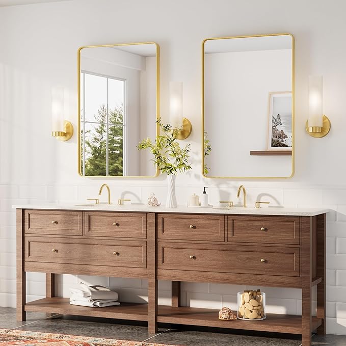 TETOTE Brushed Gold Wall Sconce Modern Bathroom Wall Light Fixtures Farmhouse Wall Lights with Frosted Glass Shade for Mirror Bedroom Living Room