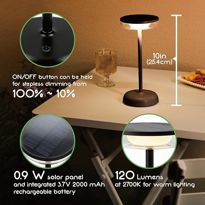 Cocktail Style Solar Table Lamp – Cordless LED Light with USB-C Charging, Dimmable Warm 2700K Glow, Weather Resistant for Indoor/Outdoor Use – Black, 1 Pack