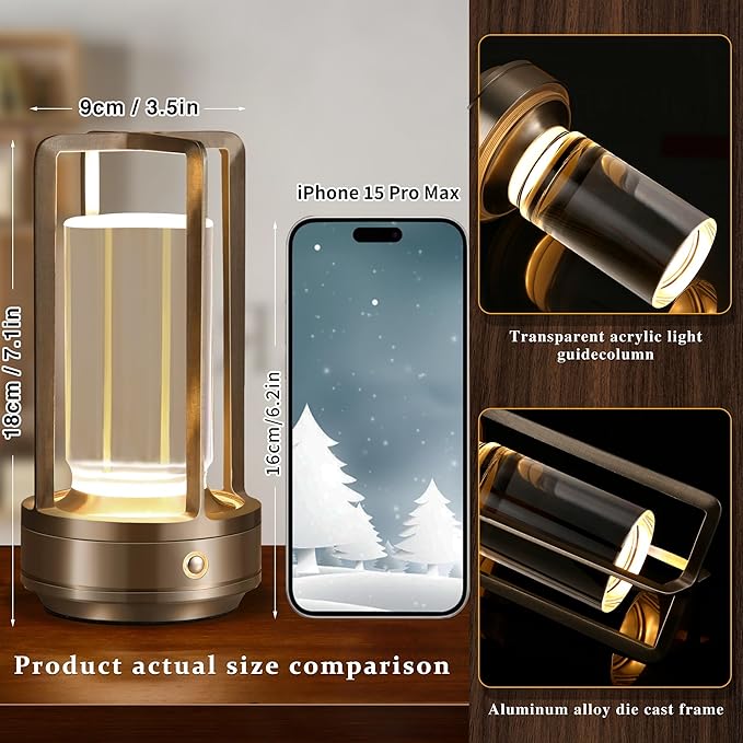 Anxingtools Portable Metal Table Lamp,Cordless Table Lamp, Rechargeable Battery Powered Portable LED Desk Lamp, 3 Color Stepless Dimming Touch, for Bedroom Restaurant Home Outdoor (Silver)