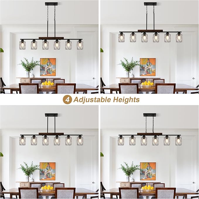 6-Light Dining Room Light Fixture/Chandelier Over Table, Island Lighting Hanging for Farmhouse Linear Chandeliers Matte Black Rustic Wood Ceiling Pendant Light Fixtures, with Clear Glass Shade