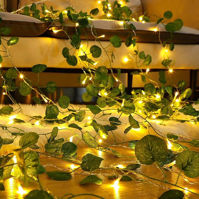Unittype 15 Pcs 6.6 ft 300 LED Fake Ivy Vines with Lights for Bedroom String Fairy Light Curtain Artificial Hanging Vines Plant Garland with Light for Wall Outdoor Indoor Decor(Eucalyptus Leaf)