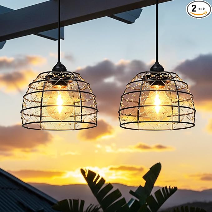 Battery Operated Hanging Outdoor Chandelier, 4/6/8 H Timer, Dimmable Bohemian Hanging Shed Gazebo Lights Outdoor Waterproof for Patio, Porch, Gazebo, Pergola, Kitchen Decor Lighting