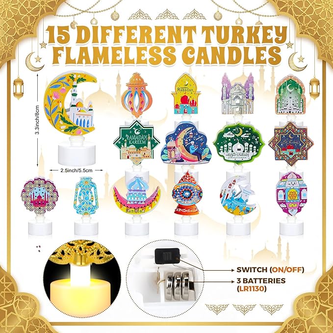 Handepo 15 Pcs Mini Ramadan Lantern Mubarak Tea Light Colorful Eid Flameless Candle with Moon Star Mosque Design LED Battery Operated Ramadan Table Decor Gift for Party Kitchen Home Indoor Outdoor