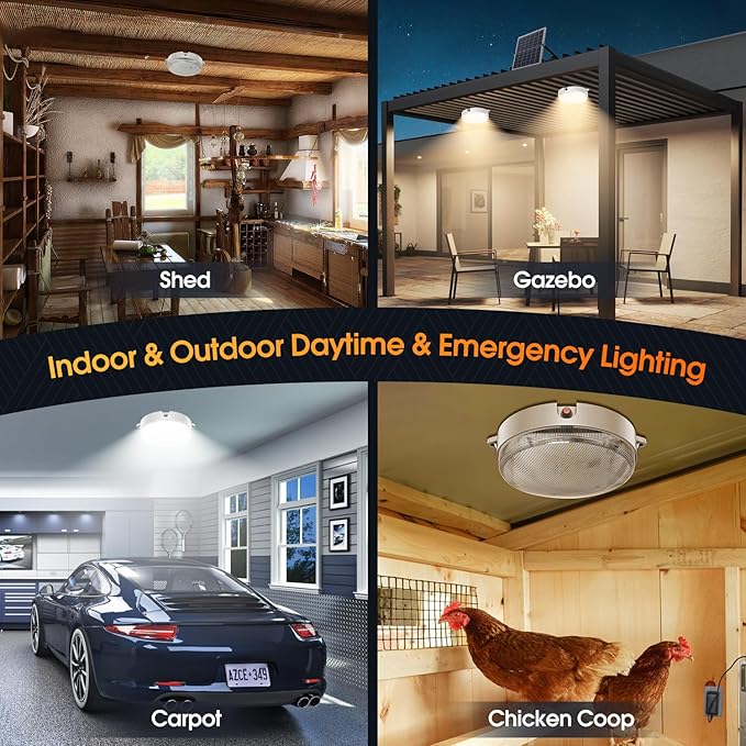 Solar Shed Lights Indoor Outdoor 2 Pack, Brighter & Tricolor & Daytime Ceiling Light with ON/Off Switch & Remote, Dimmable Waterproof Solar Barn Light for Porch, Shop, Stable, Carpot
