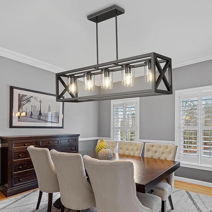 Espird Farmhouse Dining Room Light Fixture - 5 Light Matte Black Rectangle Light Fixture with Adjustable Height & Thickened Metal Dining Table Fixture Chandeliers for Dining Room&Kitchen Island