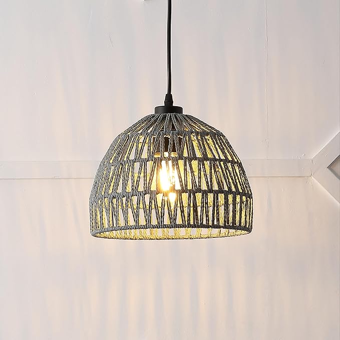 JONATHAN Y 10.25" Gray Modern Bohemian Woven Rope LED Pendant Light Fixture, Adjustable Dome Ceiling Lamp for Kitchen Island, Rope Shade, Coastal Farmhouse Decor (JYL6513D)