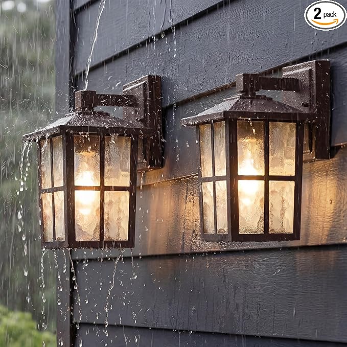 KDG Outdoor Waterproof Patio Wall Light Fixtures Set of 2, Brown E26 Socket Exterior Lanterns with Tempered Glass, Modern Wall Mounted Lamp Suitable for Home, Front Door, Garden, Garage, Porch