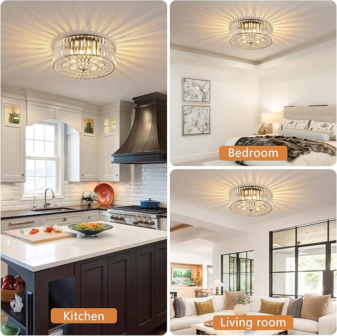 Large Crystal Ceiling Light, 17.5" Black K9 Crystal Flush Mount Ceiling Light, 4-Light Round Luxury Light Fixture for Dining Room, Bedroom, Hotel, Living Room, XDD007-4-BK
