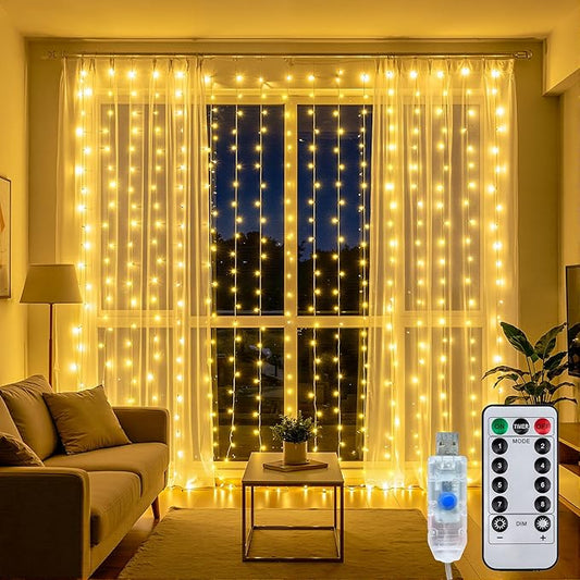 Curtain String Lights Indoor, 300LED 9.8 * 9.8FT USB Plug-in Window Curtain Lights with Timer and 8 Modes, Waterproof Warm White Curtain Fairy Lights for Bedroom Room Wedding Outdoor Decor