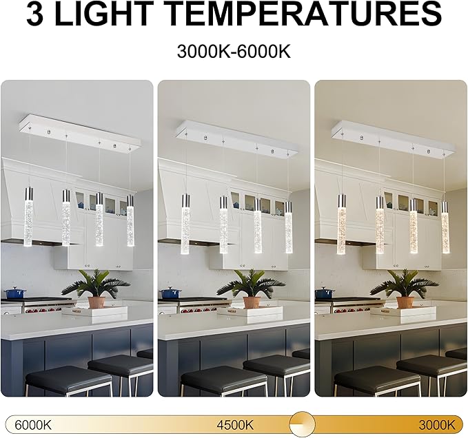4-Light Chrome Integrated Crystal Pendant Chandelier,Dimmable LED Ceiling Light with Adjustable Height for Kitchen Island, Dining Room & Bedroom 3000K -6000K