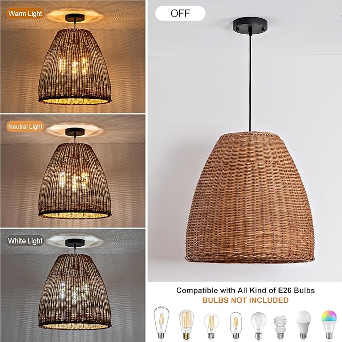 Farmhouse Rattan Chandelier 16.6" 3-Lights Boho Hand Woven Pendant Lights Wicker Dining Room Light Coastal Hanging Lighting Fixtures for Living Room Bedroom Kitchen Sink Restaurant Entryway Foyer