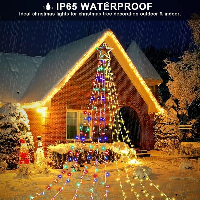 DANLI Outdoor Christmas Decoration Star String Lights,320 LED 16.4ft Christmas Lights Waterfall Tree Lights with 13" Topper Star,Plug-in Hanging Fairy Lights for Xmas New Year Holiday Party