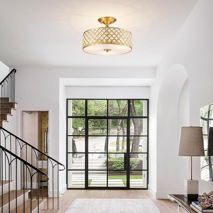 3-Light Gold Semi Flush Mount Ceiling Light Fixture,Modern Drum Crystal Metal Acrylic Round Close to Ceiling Light
