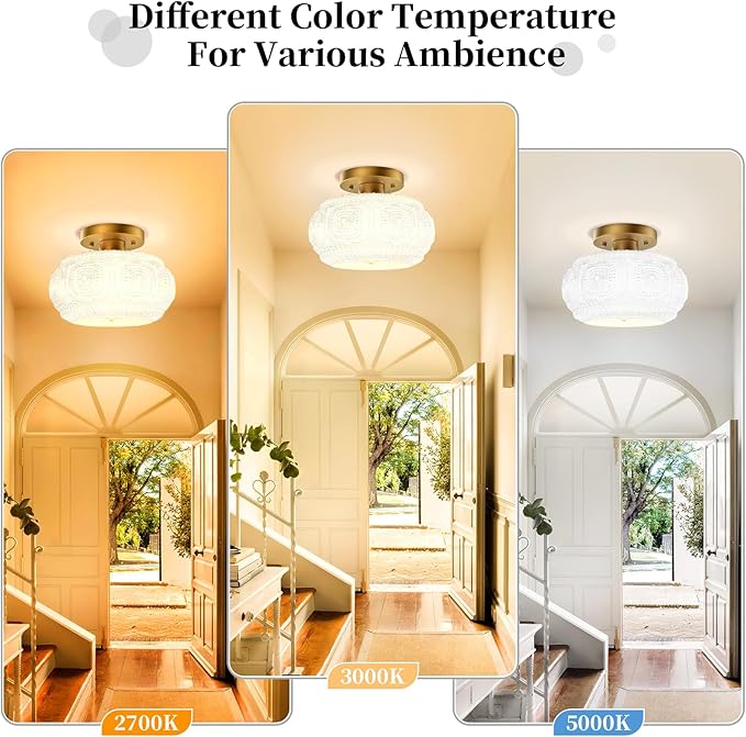 Semi Flush Mount Ceiling Light, Milk Glass Shade Modern Ceiling Light Fixture, Vintage Gold Lighting for Hallway Bedroom Entryway Kitchen Porch
