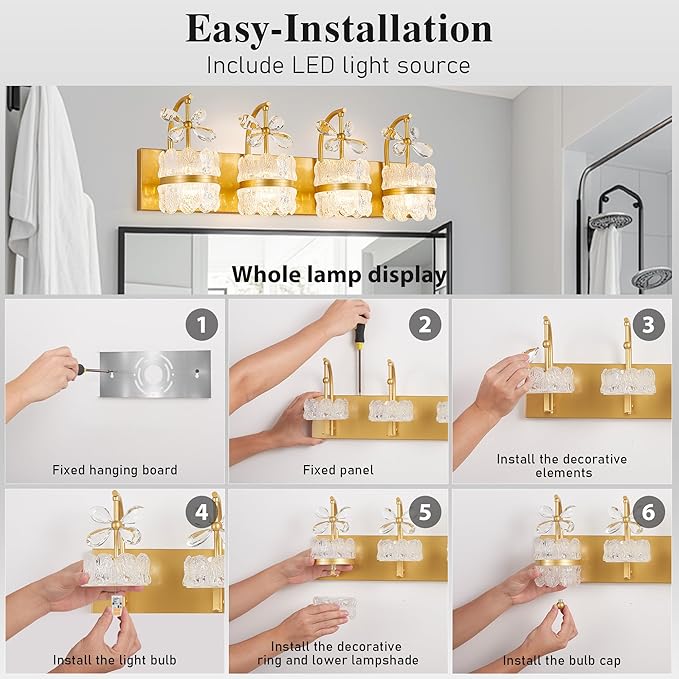 Bathroom Lights Over Mirror - Makeup Lighting Gold - Bathroom Vanity Light with Acrylic Shades for Bath, Makeup Desk, Farmhouse, Hallway, 4-Light