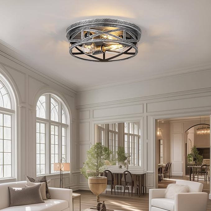 Close to Ceiling Light Fixtures, 3-Lights Cage Flush Mount Ceiling Light, Black and Silver Farmhouse Metal Semi Flush Mount Ceiling Light for House Hallway Kitchen Bedroom, 2 Pack