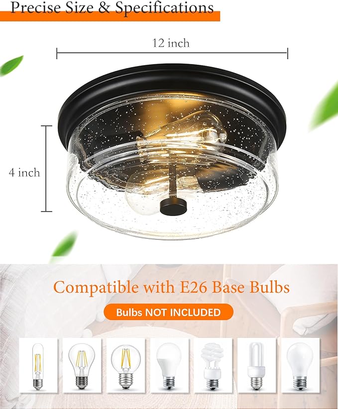 Black Flush Mount Ceiling Light, 12 Inch 2-Light Industrial Farmhouse Ceiling Light Fixture with Seeded Glass Shade, Flush Mount Light for Kitchen, Hallway, Entryway, Bedroom
