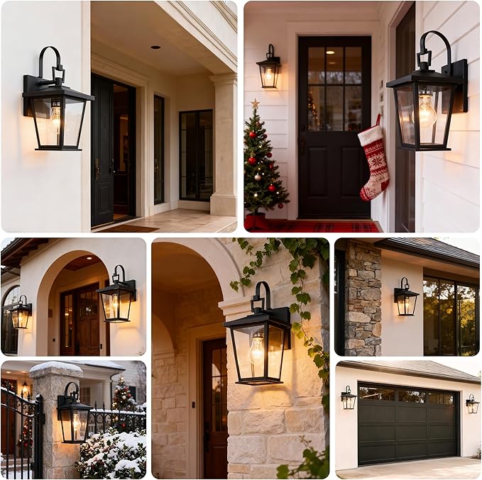 Kalium Outdoor Wall Lantern 2 Pack, Waterproof Exterior Wall Mount Light with Clear Glass in Black Finish, Porch Outside Lighting for Entryway, Backyard, Patio, E26 Base, Clear Glass 12.5 in