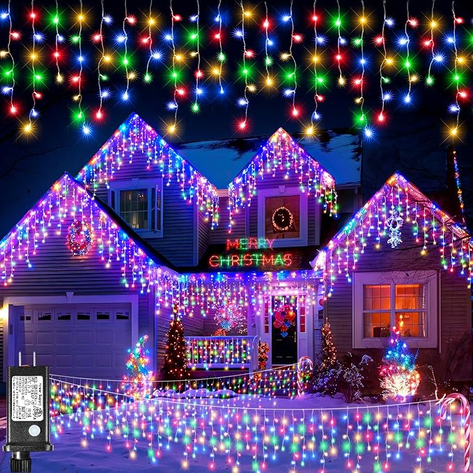 Icicle Christmas Lights Outdoor - 98FT 1216 LED Icicle Lights for Outside with 8 Modes Timer, 228 Drops Waterproof Hanging String Light Indoor for House Patio Garden Party Decorations, Multicolor