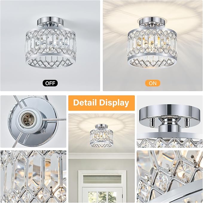 Crystal Ceiling Light Fixture, Modern Semi Flush Mount Ceiling Light, Chrome Lighting Fixtures Ceiling Lamp for Hallway, Kitchen, Entryway, Bedroom, Laundry Room, 9.05 Inch