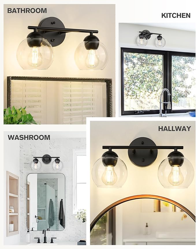 Emak 2-Light Black Bathroom Light Fixtures Over Mirror, Globe Bathroom Vanity Lights with Clear Glass Shade, VL114-BKL-2