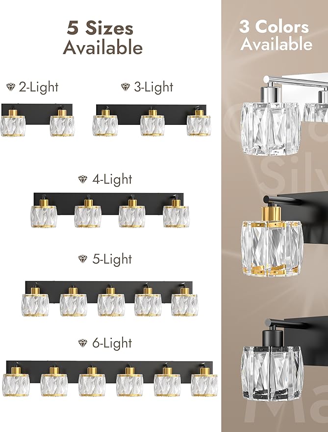 VOLISUN Crystal Vanity Lights for Bathrooms, 2 Light Bathroom Vanity Light, Black and Gold Bathroom Light Over Mirror, Modern Bathrooms Lights Fixtures-UL Certificated(Exclude Bulb)