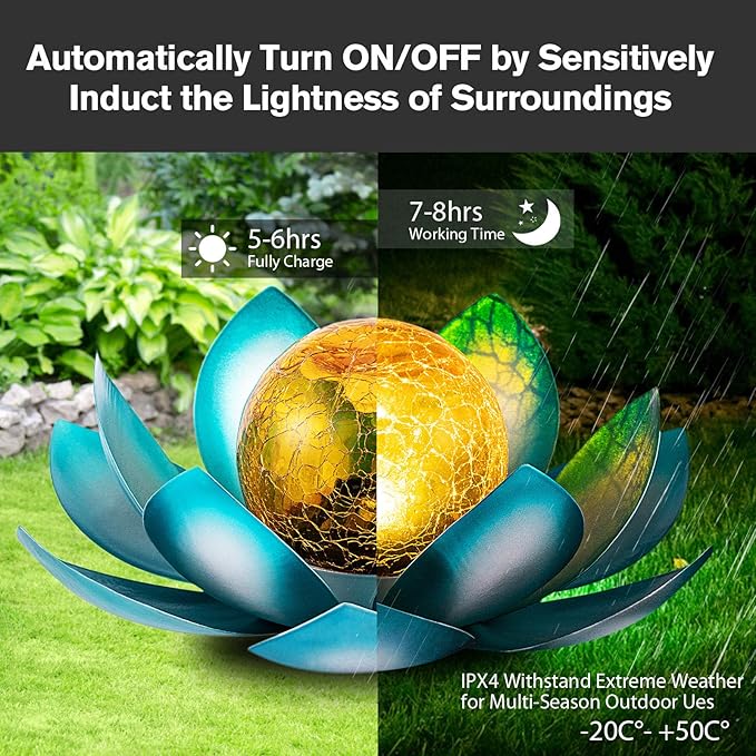 AIINY Solar Light Outdoor(2Pack), Art Crackle Globe Glass Lotus Decoration, Solar LED Waterproof Blue Metal Flower Lights for Patio,Lawn,Walkway,Tabletop