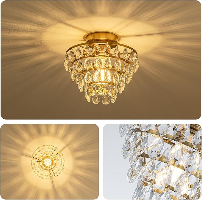 Mayful Modern Crystal Ceiling Light Fixture Gold Semi Flush Mount Ceilig Chandelier Mini Ceiling Light for Hallway Bedroom Bathroom Living Room E26