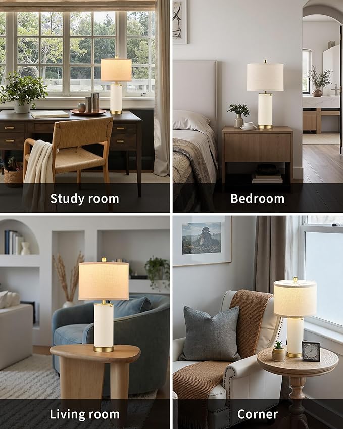 KDG 23.4" White PU Leather Table Lamps for Living Room Set of 2, E26 Socket LED Modern Home Decor Fabric Lampshade Desk Lamp Lighitng for Bedroom, Bedside, Farmhouse, Nightstand, Night Light