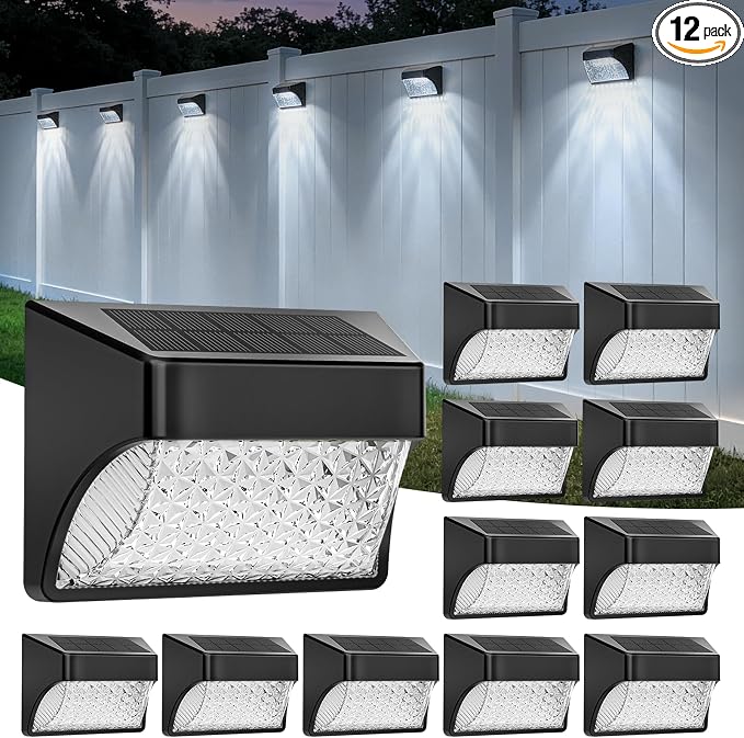 Tadyreal Solar Fence Lights Outdoor Waterproof Ip65, 10 Lighting Modes Fence Lights Solar Powered with 15 Bright Led Lens, Backyard Light Outdoor for Deck Railing Step Pool Patio Wall - 12 Pack