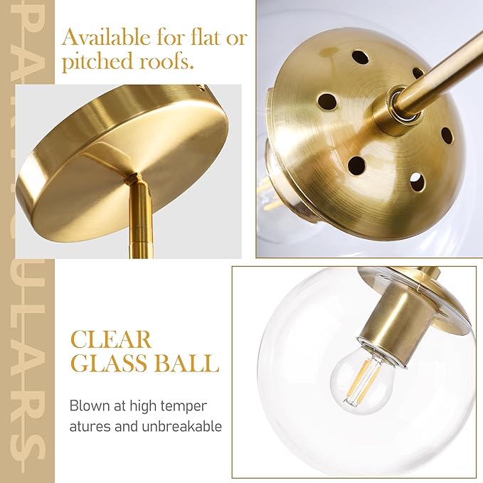 Bagood 8" Globe Pendant Light Gold Mid Century Modern Light Fixture Clear Glass Pendant Lights Kitchen Island Modern Pendant Lights Brushed Brass Finished with Clear Glass Lampshade for Bedroom