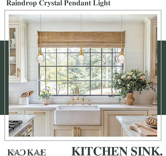 LED Pendant Light Kitchen Island Raindrop Crystal Pendant Lights Dimmable Gold Modern Hanging Light for Bedroom Bathroom Living Room 3000K Warm White, 1 Pack