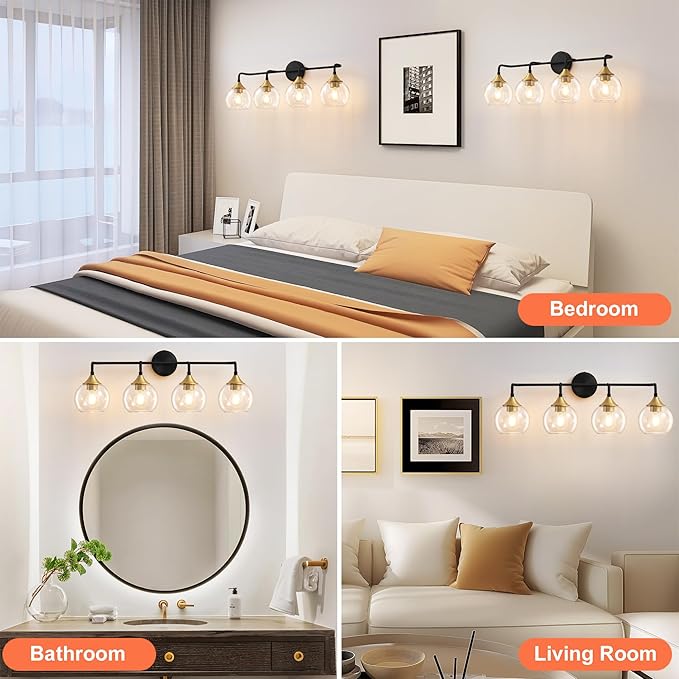 Bathroom Vanity Light with Clear Glass Shade, E26 Base, 31 Inch Vanity Lighting Fixtures Over Mirror, Vanity Lights for Bathroom (Exclude E26 Bulb) - Black and Gold, 4-Lights
