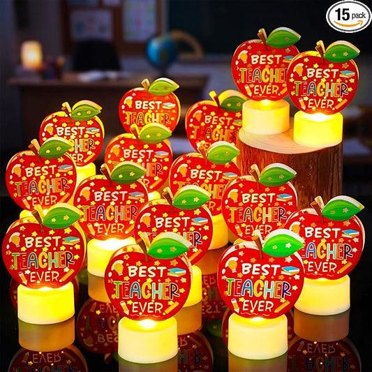 Handepo 15 Pcs Teachers Appreciation Tea Lights Gift Best Teacher Ever Flameless Candle Apple Shaped LED Battery Operated Office Table Decor for Thank You Teachers Women Men Tutor Back to School