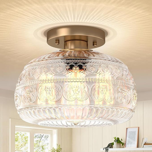 Semi Flush Mount Ceiling Light Fixture, 11" Vintage Gold Hallway Lights Fixture Ceiling with Clear Glass for Kitchen, Hallway, Bathroom and Entry Way,Compatible with E26 Light Bulb