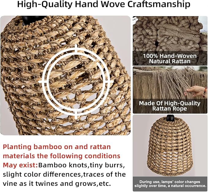 Mini Rattan Pendant Light Fixtures,9.5" Boho Pendant Light,3-Pack Hand Woven Seagrass Rattan Chandelier for Dining Living Bedroom Kitchen Farmhouse