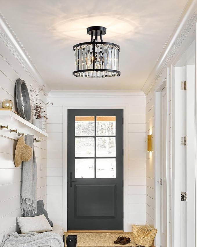 KSRYSZCQ Black Crystal Ceiling Light 3-Light Flush Mount Ceiling Light Fixture 12.59" E12 Bulb Round Hallway Lighting Fixtures for Kitchen Entryway Bedroom Bathroom
