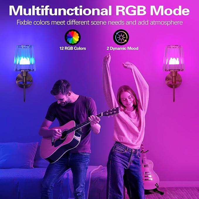 Battery Operated Wall Sconces Set of 2 – 5200mAh Rechargeable Gold Crystal Glass, 15 Colors & 10-Level Dimmable, Wireless Wall Lights for Living Room & Bedroom