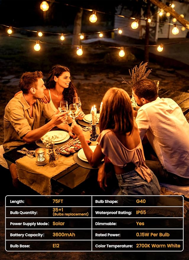 Brightown 75FT 36LED Solar String Lights Outdoor with Remote & USB Port, Shatterproof Bulbs, Dimmable & Timable, 3 Modes, Patio Lights with Mount Clips for Backyard Garden Decor - Last for 36+Hrs
