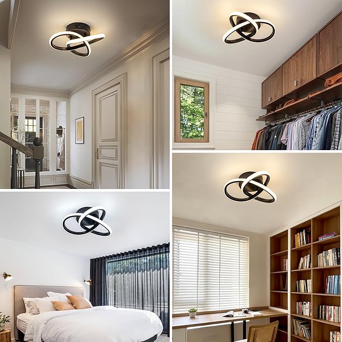 10 Inch Modern Ceiling Light, 24W LED Dimmable Ceiling Light with Remote Control, 3000-6000K Color Temperature Adjustable, Black Small Chandelier for Bedroom, Entryway, Hallway, Kitchen